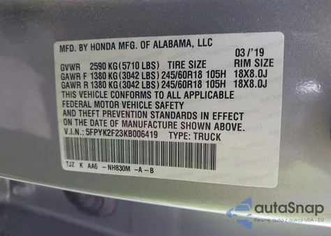 2019 Honda Ridgeline Rt из США, поврежденный, VIN 5FPYK2F23KB006419